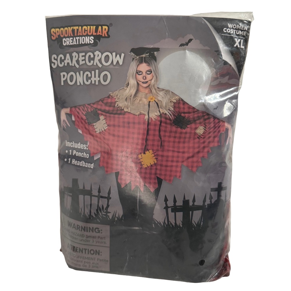 Spooktacular Creations Scarecrow Poncho Women XL Red Plaid Costume Headband Set